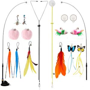 Suction Cup Cat Toy for Indoor Cats, 4 Play Modes Hands Free Interactive Cat Teaser Wand with 12 Replaceable Bell Attachments, Self Play Kitten Toys for Boredom Relief and Exercise
