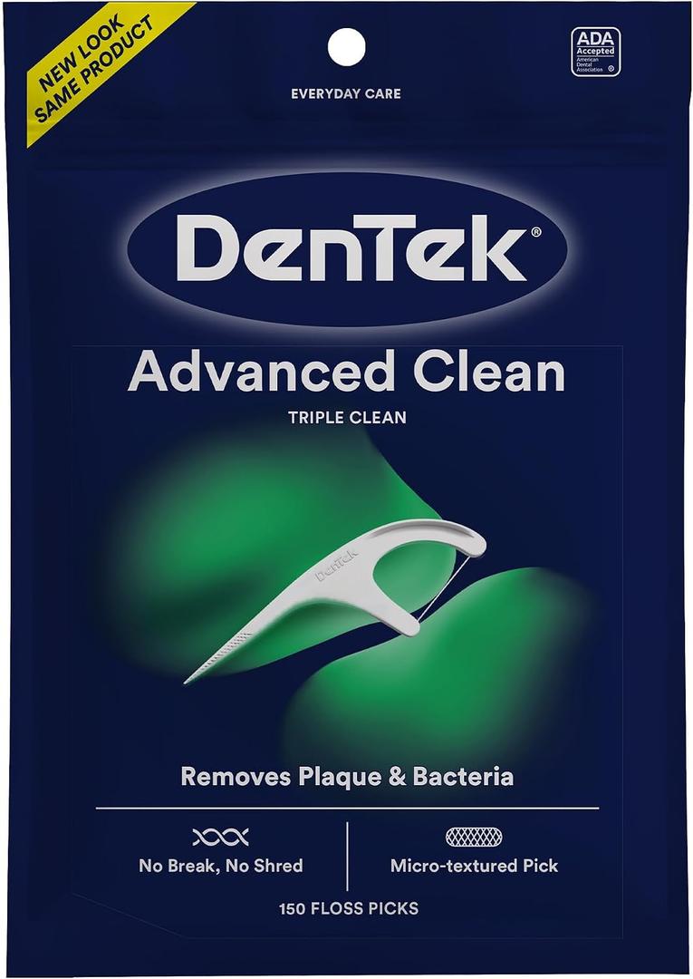 3 x DenTek Advanced Clean Floss Picks with No Break & No Shred Dental Floss, Plaque Remover, 150 Count
