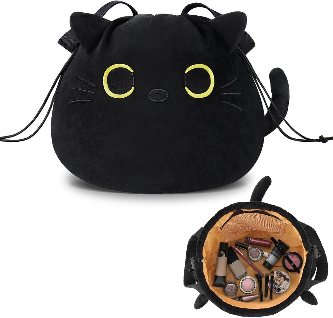 Funny Cat Drawstring Makeup Bag - Large Capacity Cute Travel Toiletry Bag Cosmetic Bag Pouch Organizer - Valentines Day Mothers Easter Birthday Unique Gifts for Women Girls Cat Lovers-Black
