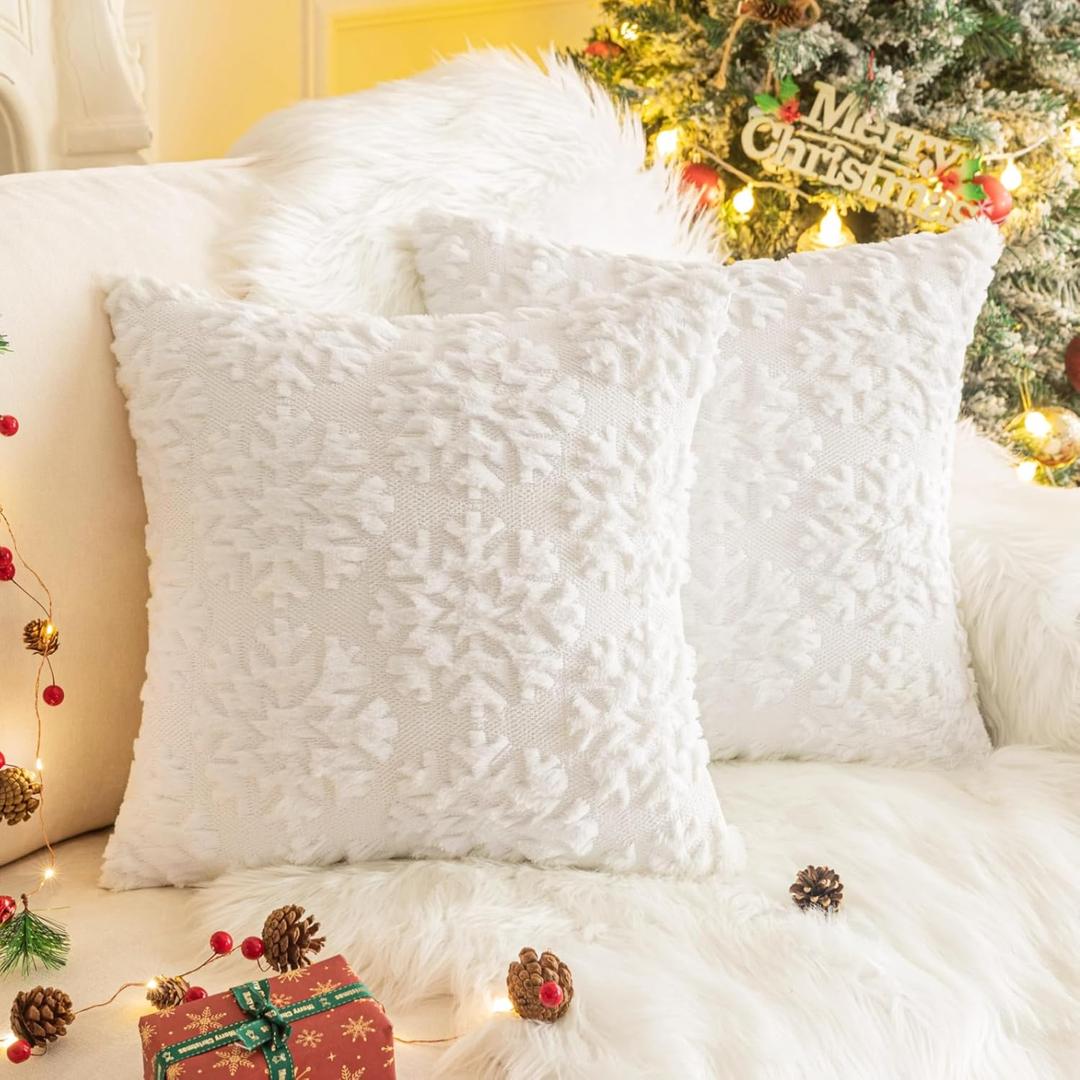 AQOTHES Set of 2 Christmas White Snowflake Throw Pillow Covers 18x18 Inch, Soft Faux Fur White Decorative Xmas Throw Pillows for Couch Sofa Holiday Winter Decor