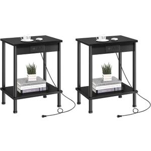 End Table with Charging Station,Small Side Table,2-Tier Nightstand with Storage Shelf,Sofa Bedside Table for Small Spaces in Living Room,Bedroom,Office,Easy Assembly,Black