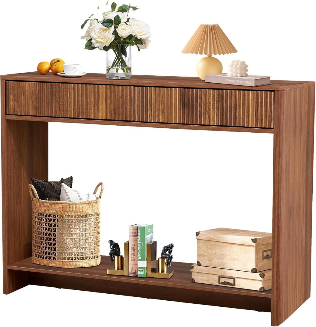 Entryway Table with Storage, Narrow Console Table with Drawers, 43.3' Couch Table Behind Sofa Long and Skinny for Living Room TV, Hallway Entrance Foyer, Mid Century Farmhouse Fluted Console Table (2 Drawers-P, Walnut)