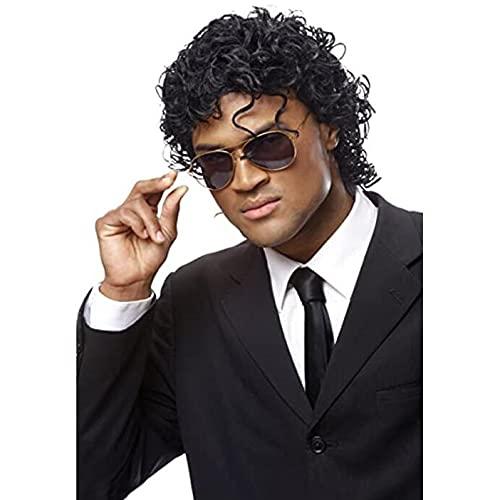 Mens Short Curly Wig Black Synthetic Rocker Wig California Halloween Costume Culture Wet Look Wig