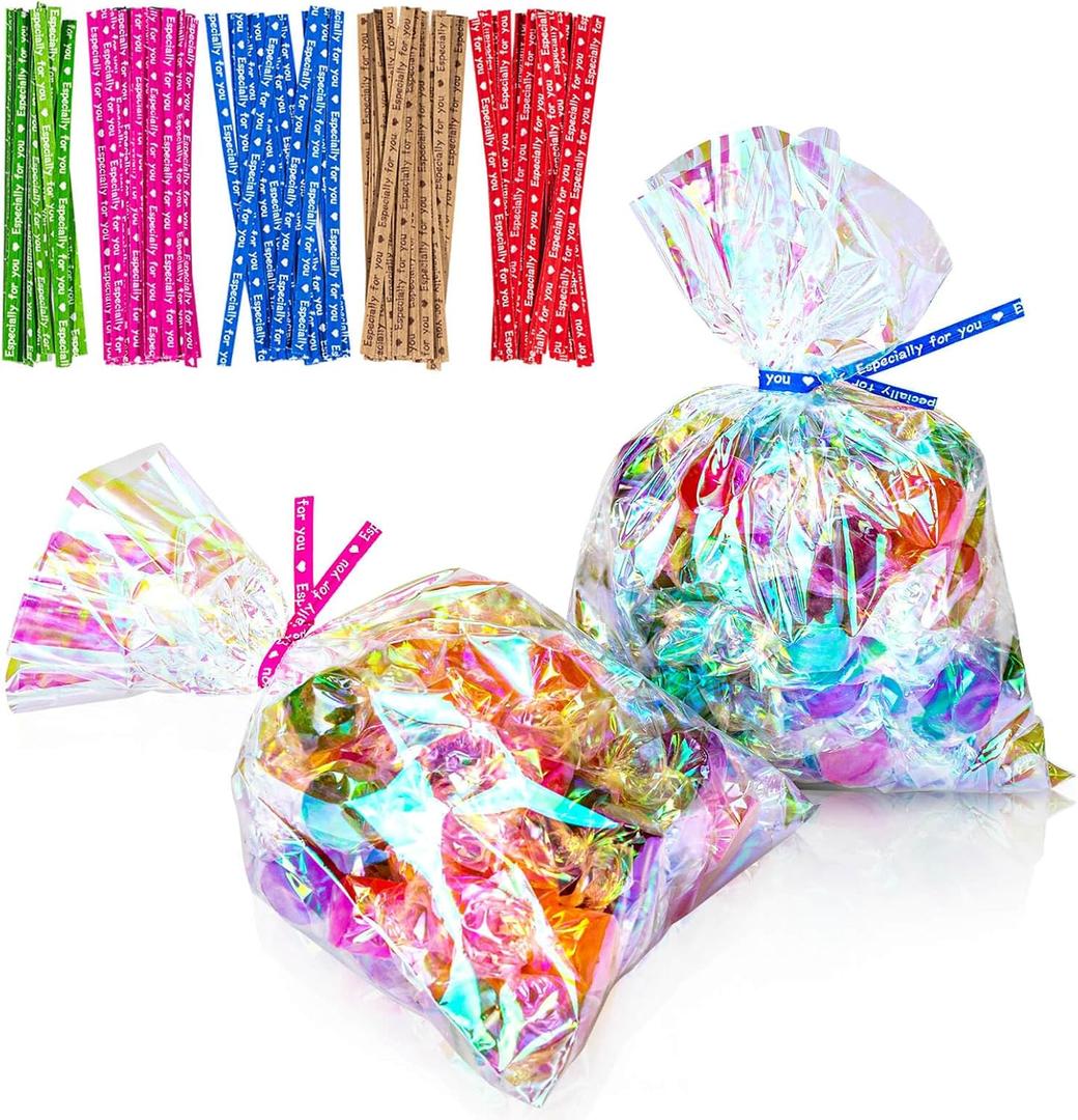 5x7 Inch Iridescent Cellophane Treat Bags with Twist Ties, Treat Bags for Candy Cookie Goodie Chocolates, And Popcorn