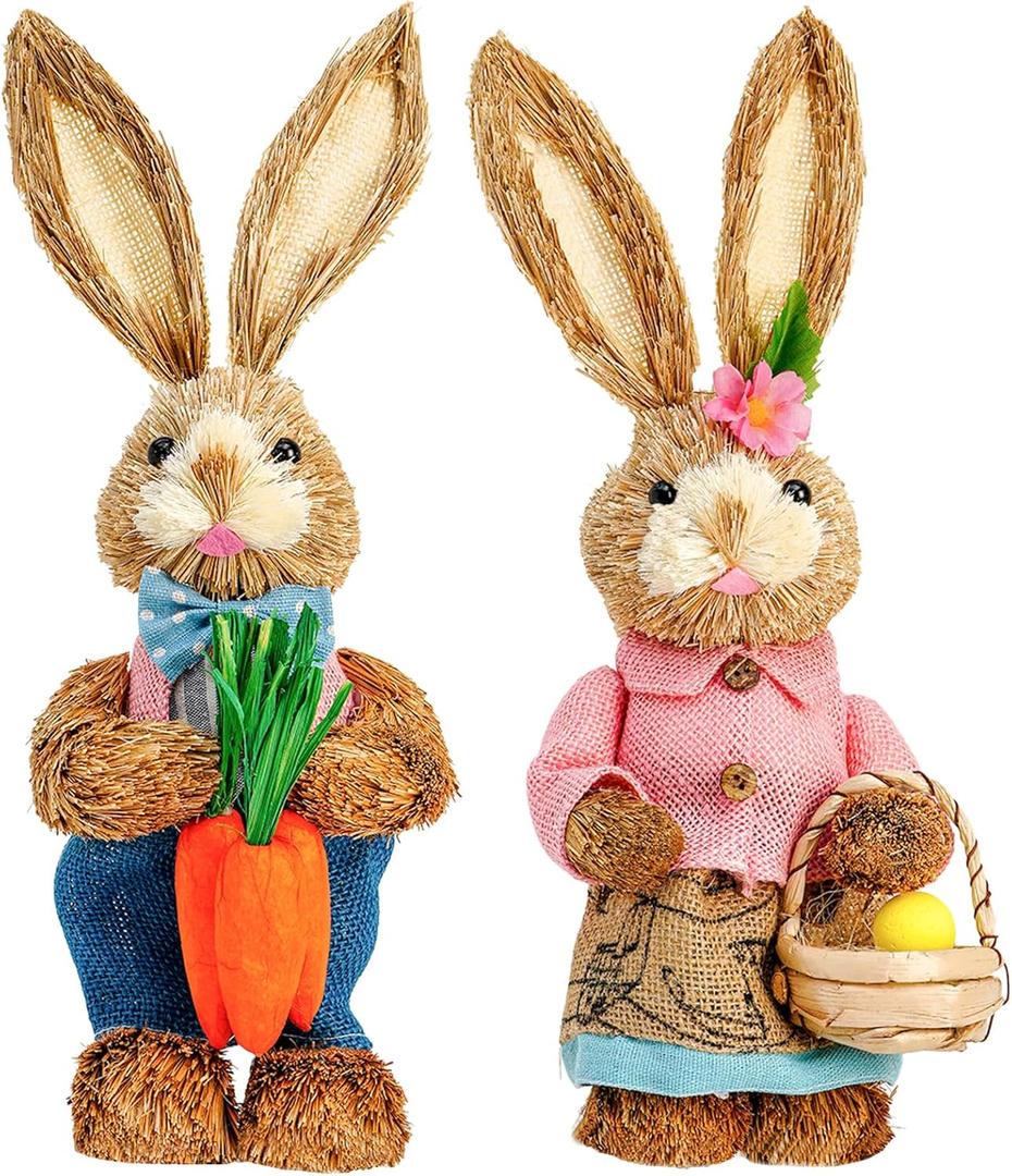 Easter Bunny Decor 13.38 in Standing Sisal Rabbit Figurine Handmade Easter Straw Mr. Bunny Statues Spring Straw Bunny Cute Photo Props Gifts for Farmhouse Spring Home Porch Decor Easter Table Decor