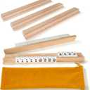 Beech Wood Mahjong Racks with Pushers, Premium Hardwood Tile Holders in Natural Finish, 17.3 Inch Durable Trays Set of 4 for American Mahjong & Dominoes, Smooth Surface Game Accessories (Natural)