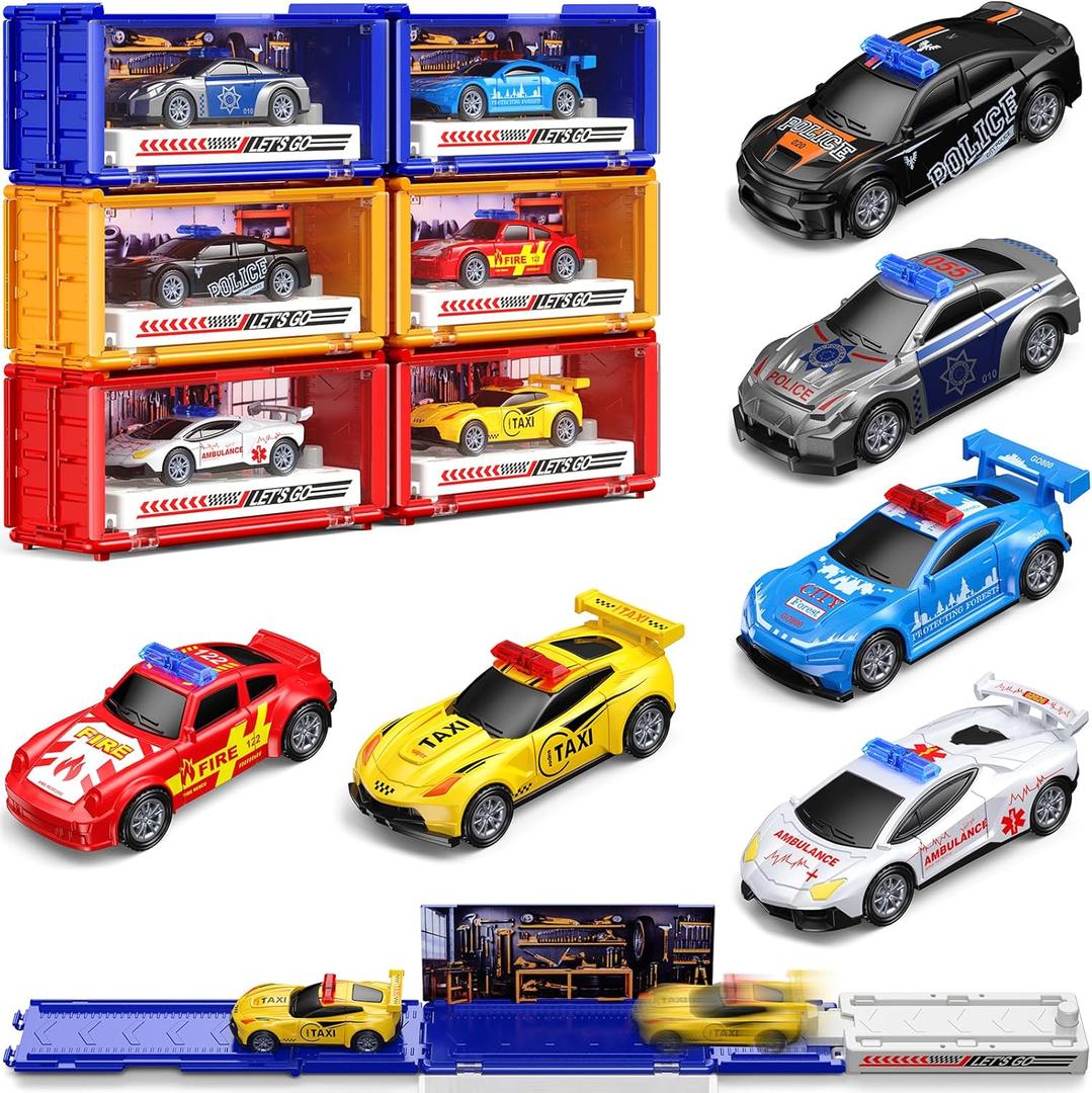 6 Pack Pull Back Race Cars Toy Set, Friction Powered Launching Cars for Kids Ages 3+, Mini Die-Cast Toy Cars Bulk for Toddlers 2-4, Small Toy Cars with Race Track Playmat, Party Favors, Birthday Gifts