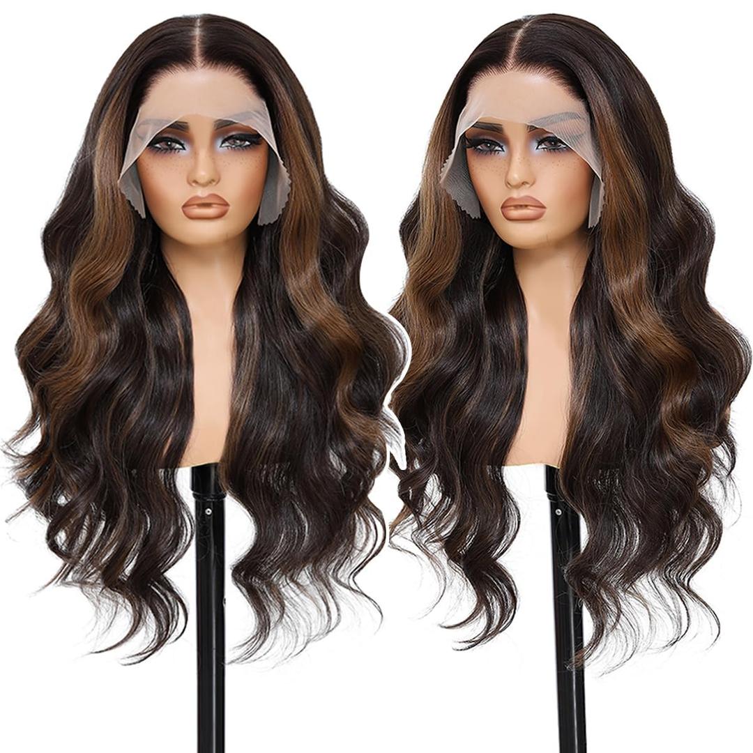 Highlight Brown Mix Black 13x6 100% Futura Premium HD Lace Body Wave Synthetic Lace Front Wigs Pre Plucked Wigs For Women 28 Inch Ready Wear Wig Beginner Friendly Daily Party Use