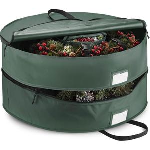 ZOBER Christmas Wreath Storage Container 30 Inch - Wreath Bag Fits 2 Wreaths Box - 600D Oxford Fabric - Interior Compartment for Storing Garlands, Wreaths Storage Bag W Strong Durable Handles - Green