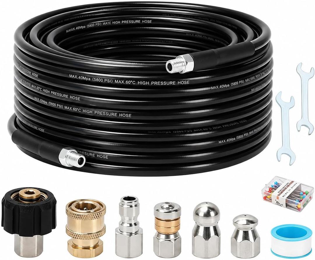 Sewer Jetter Kit for Pressure Washer, 50FT Drain Cleaning Hose with Corner Rotating and Button Nose Nozzles, 1/4" NPT Sewer Jet Nozzle Set with Spanner, Tape, Pins, 5800 PSI