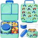 Fimibuke Bento Box for Kids Adult, BPA Free & Leakproof Toddler Lunch Box with 8.5oz Insulated Thermos Food Jar, Utensils & Sauce Jar, Dishwasher Safe 3 or 4 Compartment Container for School Girl Boy (A11. Monster Trucks)