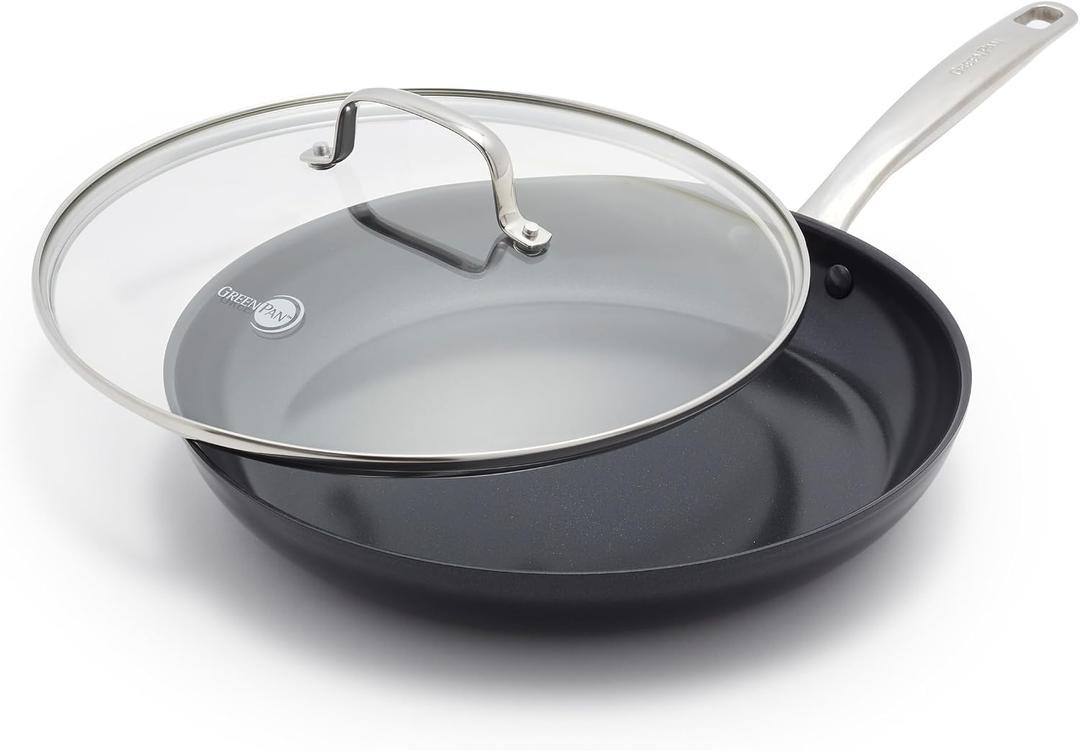 GreenPan Chatham Black Prime Midnight Hard Anodized Healthy Ceramic Nonstick, 12" Frying Pan Skillet with Lid, PFAS-Free, Dishwasher Safe, Oven Safe, Black
