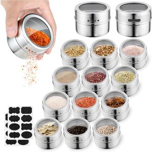 luqagol 12pcs Stainless Steel Spice Jars, Magnetic Condiment Tins Magnetic Spice Jar With Clear Lid And Holes Sift&Pour - Easy To Clean