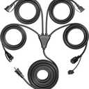 Eversimpleinc Black 1 to 4 Splitter Extension Cord (Combined 46 FT, End to End 28 FT), 3 Prong Plug with 4 Extended Outlets, with Weatherproof Covers for Indoor and Outdoor