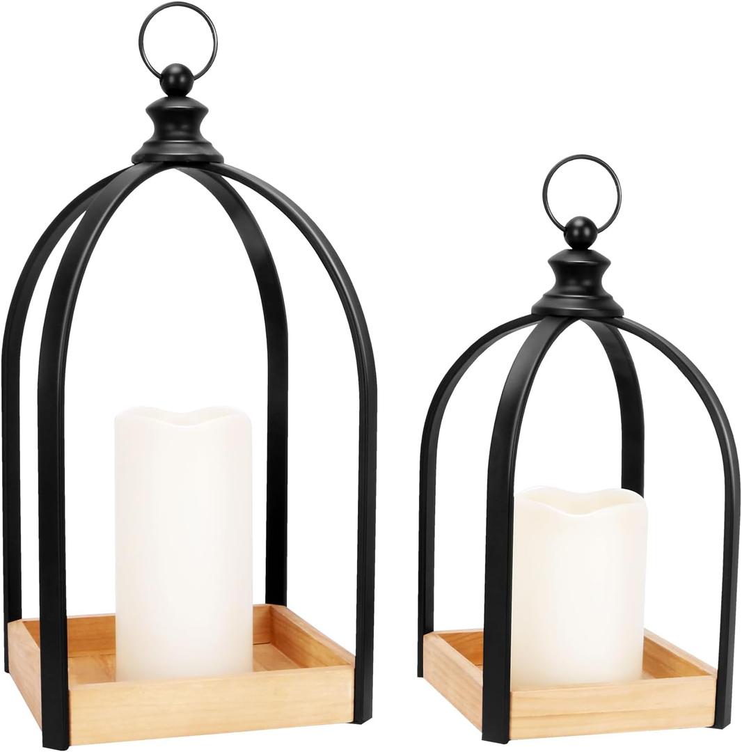 Decor Modern Farmhouse Lantern Decor Set of 2, Black Metal Candle Lanterns, Wooden Lanterns Decorative w/Timer & Remote-Controlled Flickering Candles for Home, Indoor, Table, Fireplace Mantle Dcor
