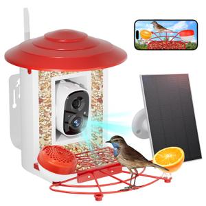 LPDISPLAY Red Attraction Bird Feeder with Camera, AI Identify Bird Species, Camera Bird Feeders for Outside with Solar Pannel, Motion Detection & Built-in Microphone & APP Notification Bird Watcher