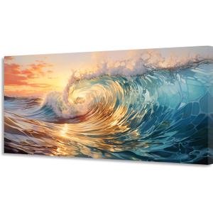KUNHAAH Wall Art Canvas Painting Big Waves in the Sea 1 Piece Ocean Sunset Huge Waves Nature Picture Poster Print Framed and Stretched Ready to Hang for Living Room Bedroom Artework (58L" x 29W", Golden)