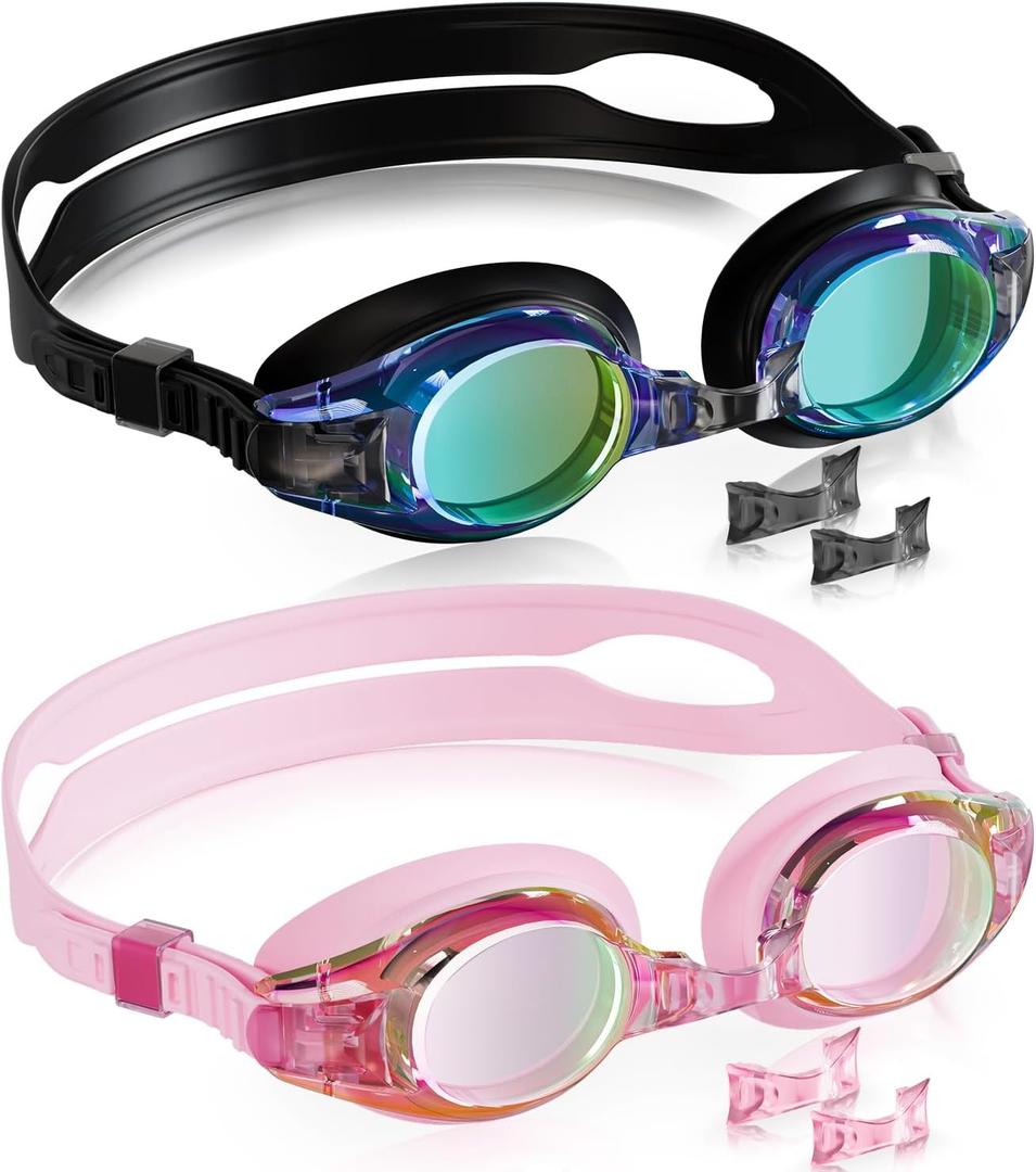 Aegend 2 Pack Kids Goggles, Swimming Goggles for Kids Age 4-16 Boys and Girls Youth, Anti-Fog Waterproof Anti-UV Pool Goggles (Black & Crisp Pink)
