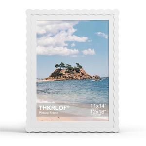 12x16 Picture Frame with Mat for 11x14, Wavy Edge Wooden Real Glass Photo Frame for Wall Hanging, White, 1 Pack