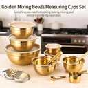 20 PCS Gold Mixing Bowls with Lids Set - 7 Mixing Bowls with 3 Graters, 8 Measuring Spoons, 1 Whisk, and 1 Food Tong, Nesting Bowl Set for Baking, Cooking, Meal Prep
