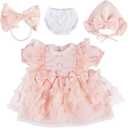 BABESIDE 4 Pcs Reborn Baby Doll Clothes Set for 17-22 Inch Babydolls, Pink Bow Dolls Dress with Hat Headband and Reusable Diaper for Realistic Baby Doll Accessories
