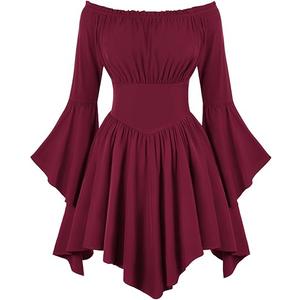 Scarlet Darkness Renaissance Costume Women Pirate Peasant Off Shoulder Bell Sleeve Fairy Dress (Large, Red)