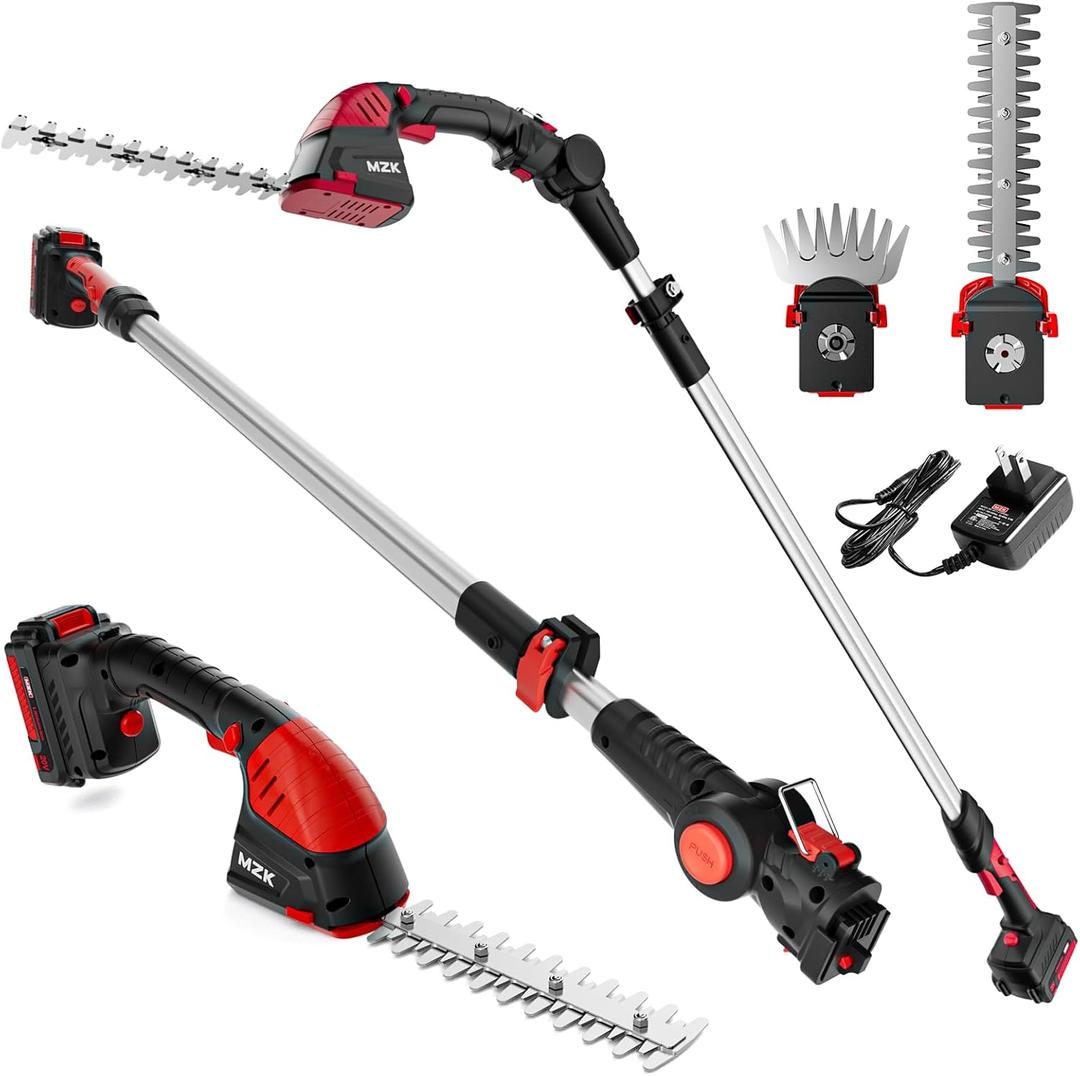MZK 2-in-1 20V Pole Mini Hedge Trimmer & Grass Shear, 13ft Reach, Electric Hedge Trimmer with Extension Pole, Multi-Angle for Garden, Lawn(Battery and Charger Included),HT08D11
