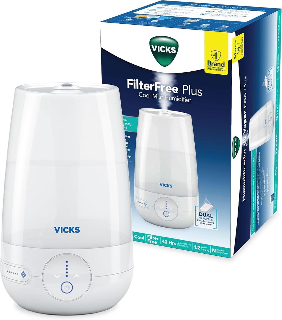 Vicks FilterFree Plus Cool Mist Plus Humidifier (VUL565), Medium Room Filter-Free Cool Mist Humidifier for Baby, Kids and Adult Rooms, Works with Vicks VapoPads