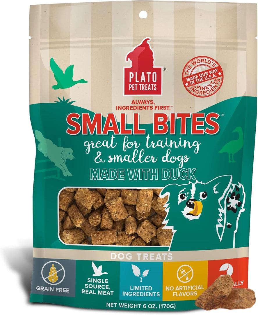Plato Pet Treats Air Dried Small Bites Dog Treats, Natural Bite Sized Real Meat & Duck, Grain Free & High Protein, Made in the USA, 6oz (6 Ounce (Pack of 1)) (BB: 09/17/25)