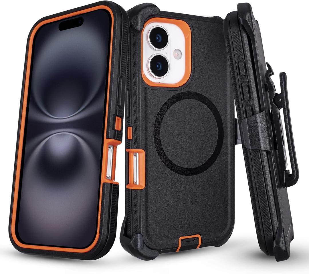 Phone Case for iPhone 16 Case with Belt Clip, Defender for iPhone 16 Case with Stand, [Compatible with MagSafe] 3-Layer Heavy Duty Rugged Military Grade Protection Cover for iPhone16 (Black+Orange)