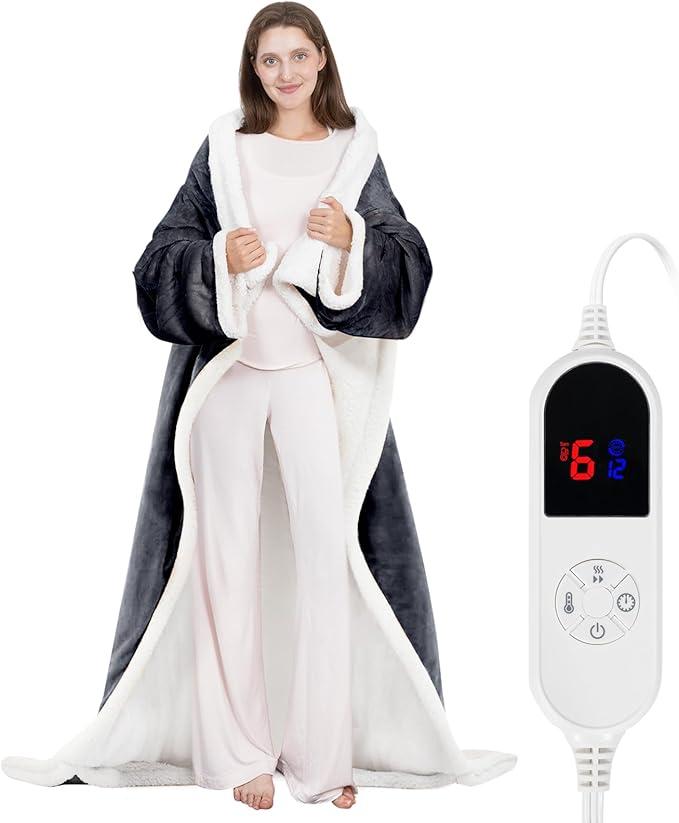 HOW'S MY HOUSE Wearable Heated Blanket with Sleeves and Foot Pocket, 52"x72" Electric Blanket for 6 Heat Settings, 12Hour Timer, Flannel & Sherpa, French Gray
