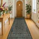 Dark Green 2'x 6'' Runners for Hallways Non Slip, Extra Long Floor Runner for Kitchen, Entryway Indoor, Washable Rubber Backing Stain Resistant - Vintage Floral Décor