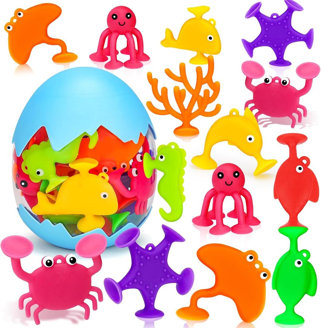 Toddler Suction Cup Bath Toys, Ocean Animal Bath Toys for Kids Ages 1-3 3-5 4-8 Mold Free Bathtub Window Building Travel Toys Valentine Exchange Prizes for 2 3 4 5 Year Old Boys Girls Birthday Gifts