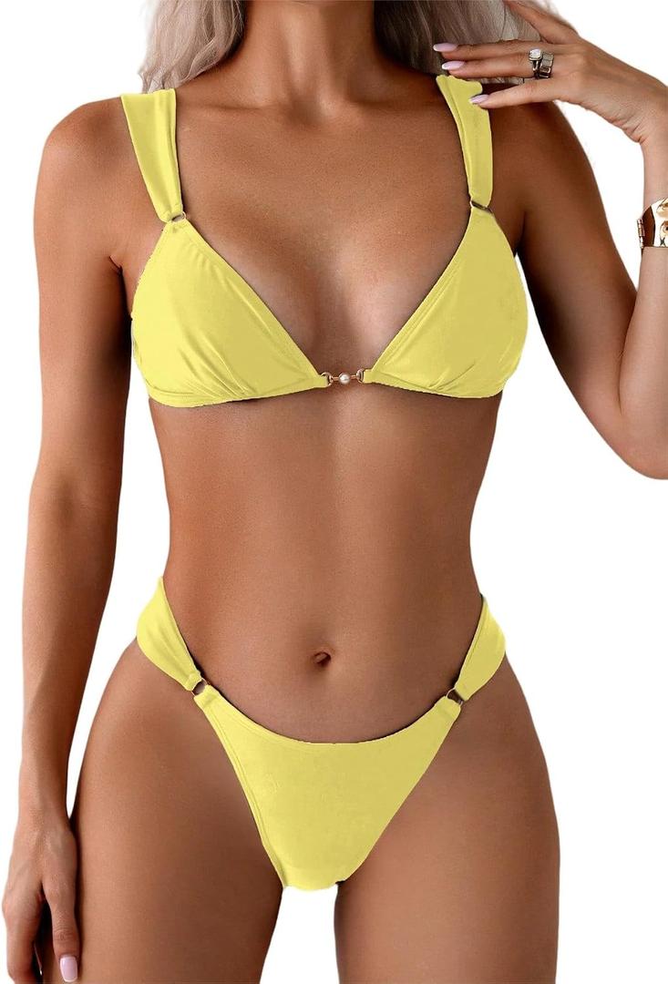 QJQ Women's 2 Piece Cheeky Bikini Sets Tie Back Ring Linked Brazilian Swimsuit Sexy Triangle Bathing Suit (Yellow, S)