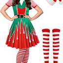 Hillban 3 Pcs Christmas Elf Costume Set Women Short Sleeve Christmas Dress Thigh High Socks Santa Hat (Medium, Bright Style)