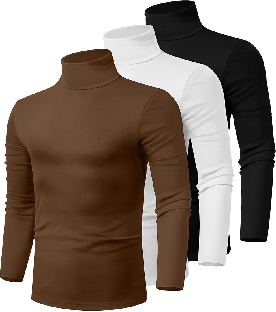 Ficerd 3 Pack Men's Turtleneck Shirts, Long Sleeve Cotton Pullover Sweaters Mock Neck Knitted T Shirt Basic Slim Fit Tee Tops(Black, White, Brown,Medium)