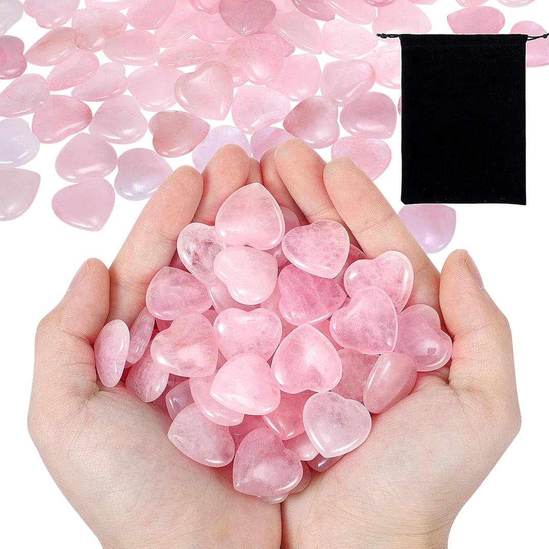 120 Pcs Heart Quartz Bulk Crystals Stone Bulk Natural Polished Quartz Stone Heart Love Carved Healing Crystal Stone Worry Stone with Flannel Bag for Mother's Day Gifts(Rose Quartz)