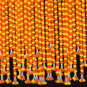 5 feet Marigold Garland |Indian/American Wedding Party Mantle Decoration, Faux Garlands Wedding Garland, Diwali Decoration, Spring Bush Floral! (Lemon Yellow & Dark Orange Mix, 5)