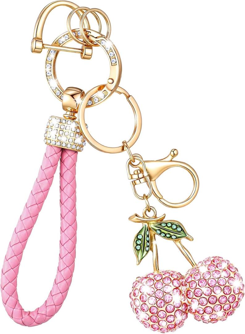 Nosiny Rhinestone Cherry Keychain Gift Pink Car Key Chains Bag Charm Crystal Cherry Purse Charm for Women Girls Mom Gift