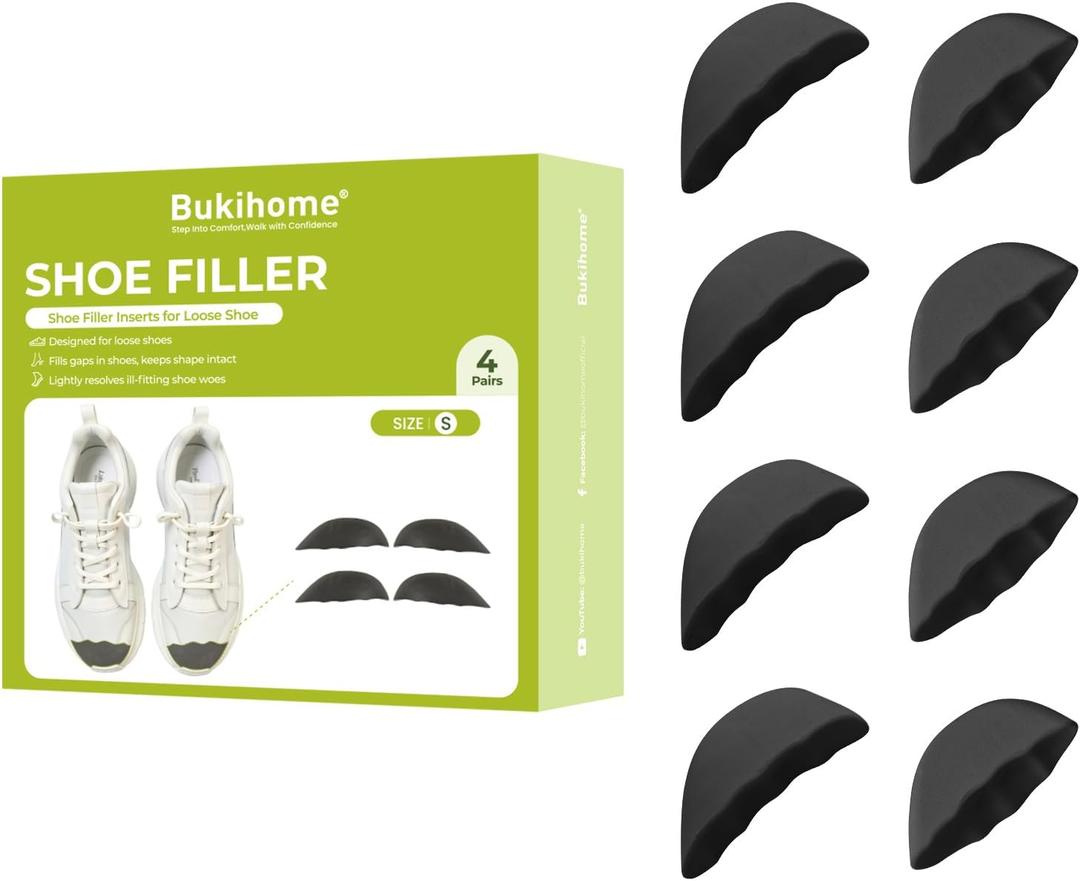 Bukihome Shoe Filler Insert - 4 Pairs Shoe Filler for Too Big Shoes, Heel Cushions for Women, Toe Inserts, Size Reducer Make Shoes Fit, Cushions for Women, Black, S