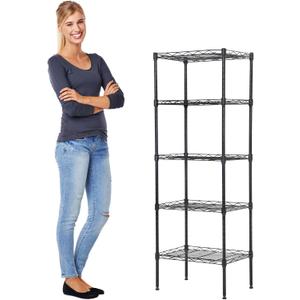 5-Tier Wire Shelving Unit Adjustable Height 750lbs Capacity Metal Shelf, 16.7"x 11.8"x 47.6" Space-Saving Storage Rack for Restaurant Garage Pantry Kitchen, Easy Assembly, Black