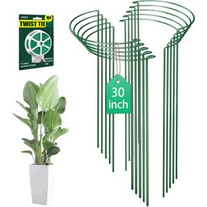 10 Pack 30 Inch Plant Support Stakes, Heavy-Duty Half Round Peony Support Ring Cage, Metal Garden Plant Stakes for Outdoor Plants - Peony, Tomato, Hydrangea with Cuttable Plant Ties