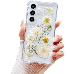 Compatible with Samsung Galaxy S24 Case Cute Pressed Dried Real Flowers Design Women Girly Shockproof Gliter Floral Clear Phone Cover for Galaxy S24 (White Flower)