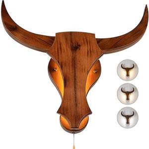Vintage Wall Sconce Lamp with Pull Chain, 3 Color Temperatures Retro LED Industrial Wall Light, Wood -Wall Sconce Lamp Ox Head Shape 8W*2, for Home Bedroom Hallway, Corridor, Stairs, Hotel, Bar