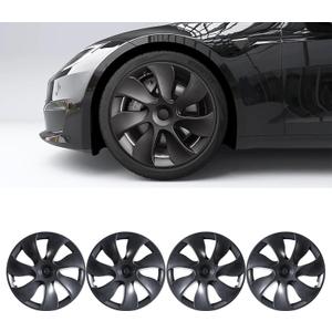 Tesla Model Y Wheel Covers 19 Inch 2020-2024 Uberturbine Tesla Model Y Uberturbine Hubcaps Left-Right Aero Symmetry, Matte Black, Wind Drag Reduction Model Y Accessories with Tire Repair Kit (4 Pack)
