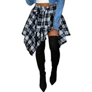Women's Plaid Skirts High Waisted Knot Front Asymmetrical Hem Mini Skater Skirt, Size L