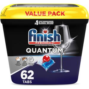 Finish Quantum Dishwasher Pods, No Pre-Rinse Dishwasher Detergent Soap Removes 24HR Dried-On Stain and Grease, Leaving a Virtually Spotless Shine, 62 Count Finish Quantum Dishwasher Pods, No Pre-Rinse Dishwasher Detergent Soap Removes 24HR Dried-On Stain and Grease, Leaving a Virtually Spotless Shine, 62 Count