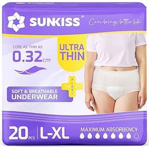 SUNKISS TrustPlus Women's Ultra Thin Incontinence Panties, 20 Disposable Underwear, White, Size L/XL, 7 Drops, Fast Absorption, Comfortable Protection for Urinary Leaks or Postpartum