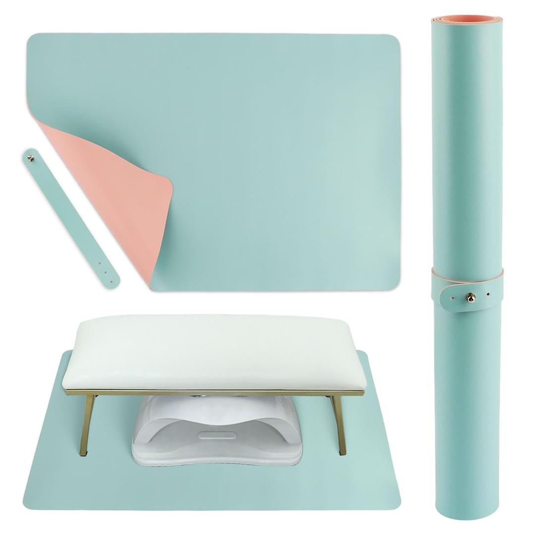 Foldable Nail Desk Mat 23.62" x 15.75", Waterproof PU Leather Manicure Table Pad (Mat Only), PU Top + Velvet Bottom, Easy-Clean Surface with Storage Strap, for Home or Salon (Pink/Blue)