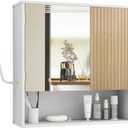 Bathroom Cabinet with Mirror & LED, Wall Mounted Bathroom Cabinet,Side Hook | Mirror Door | LED Light | Adjustable Shelves | Side Hook | Open Bottom Shelf | White & Wood Grain | Over Toilet Mount, 6.6"D x 21.2"W x 21.6"H